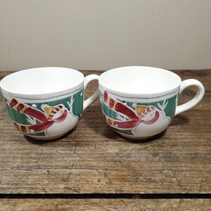 Two Vintage Woof & Poof Cups Mugs Soup Bowl Snowman Christmas Americaware